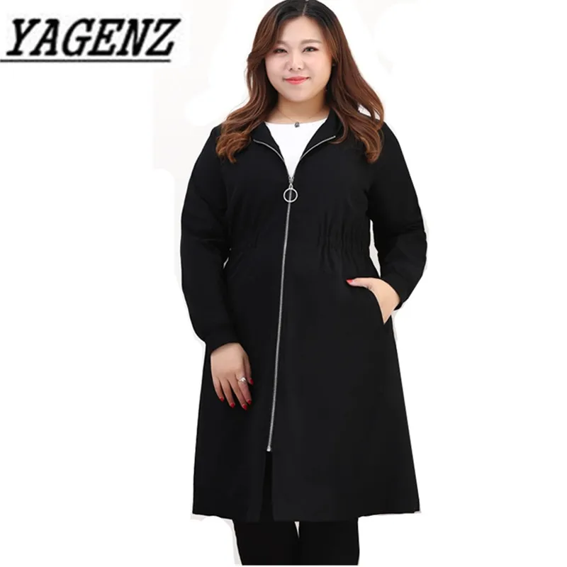 

2018 Spring Women's Hooded Windbreaker Korean Loose Medium-long Black Outerwear Large size Female Casual Trench Coats 4XL-10XL