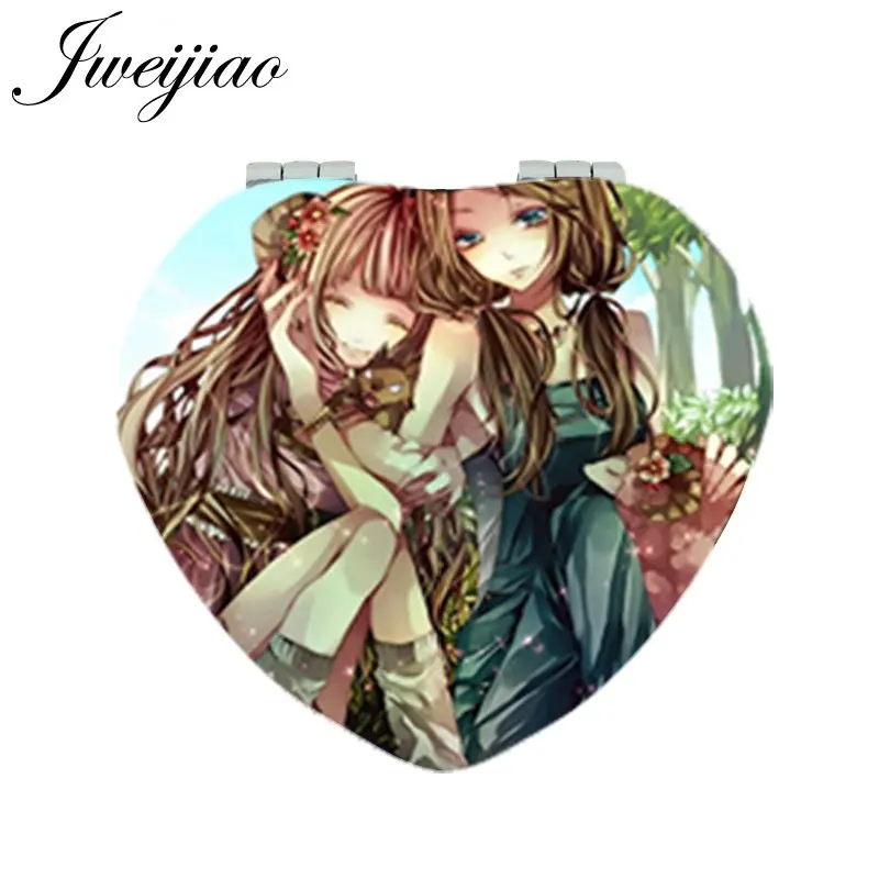 

JWEIJIAO Love Girls Cartoon Game Moive Photo Makeup Mirror Heart Shaped Folding Mini Pocket Hand Mirror 1X/2X Magnifying