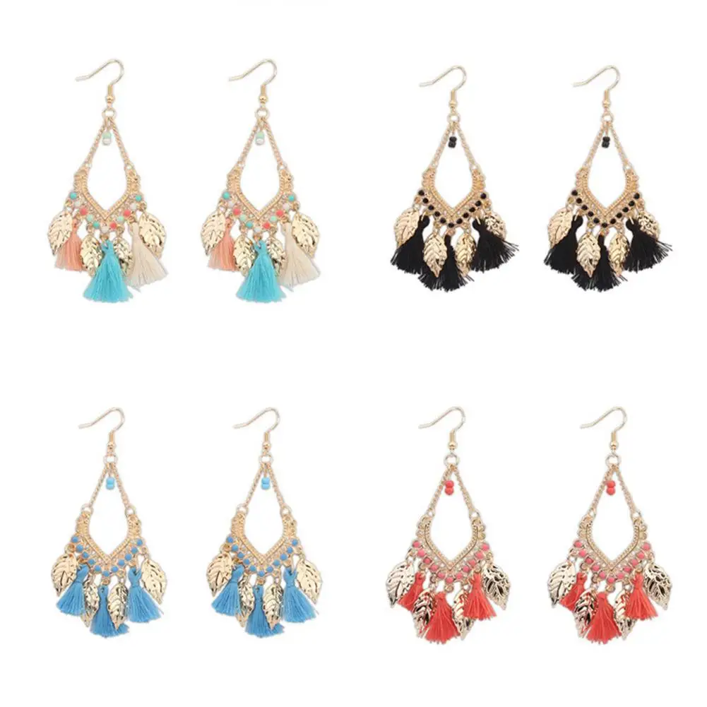 

Bohemian Ethnic Style Tassels Metal Leaf Long Drop Hook Earrings Women Jewelry