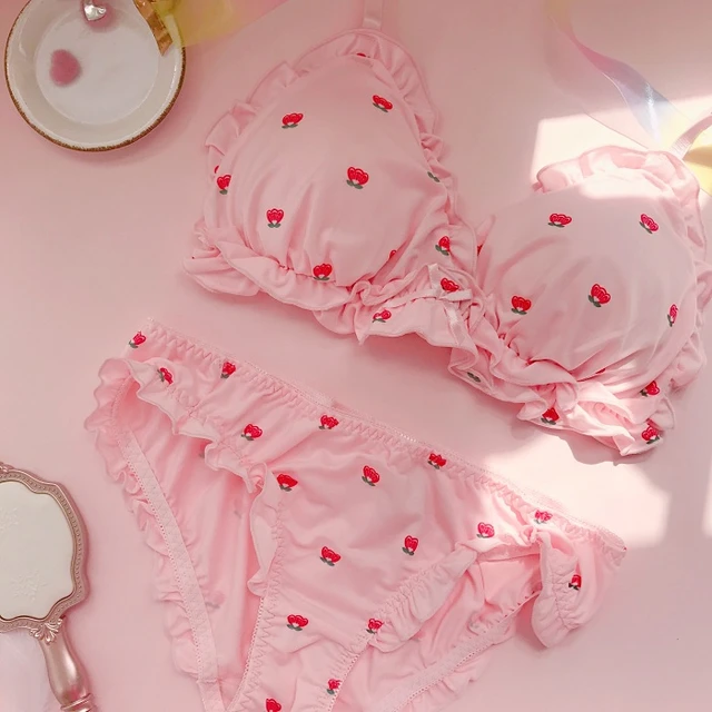 Strawberry / Flowers Print Japanese Milk Silk Bra & Panties Set Wirefree Soft  Underwear Intimates Set Kawaii Lolita - AliExpress