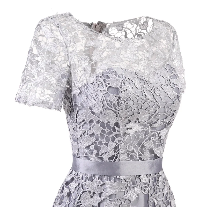 Cocktail Dresses Gray Illusion Flowers Short Sleeves Lace Zipper Straight Knee Length Formal Dress Party Gown It's YiiYa 7552