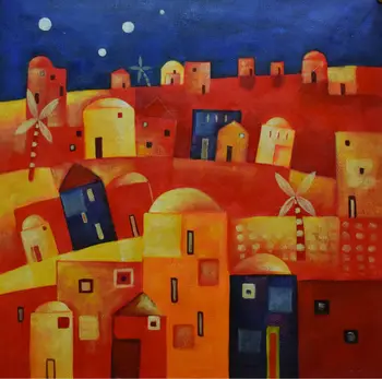 

HandPainted Abstract Landscape Oil Painting on Canvas Colorful Cortoon House Canvas Painting Wall Art Picture for LivingRoom