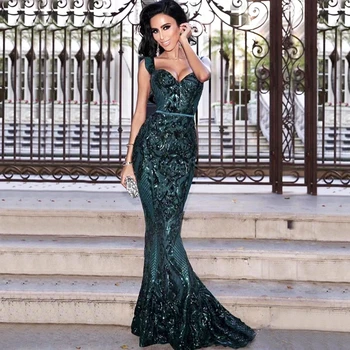 

Elegant Sleeveless Sequin Evening Celebrity V Neck Green Backless Mesh Dress 2018 Women Vestidos Mermaid Solid Long Party Festa