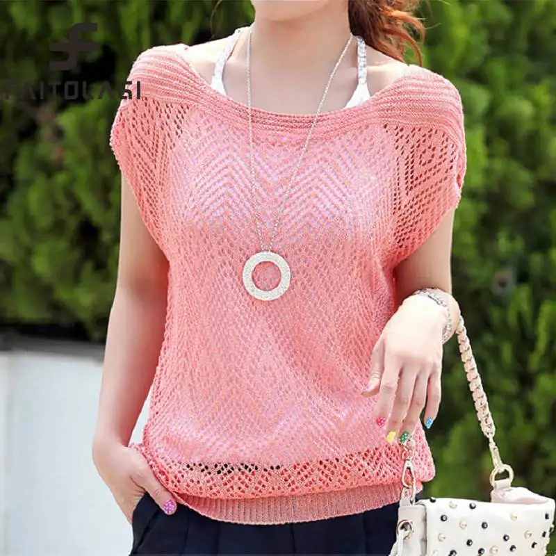

High quality summer thin knitted sweater women's sunscreen blouse short sleeve hollow out pullover ladies tops