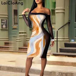 LaiCloAng сетки Прозрачный без бретелек печати сексуальное платье Для женщин с открытыми плечами осеннее платье с длинными рукавами 2018 клуб