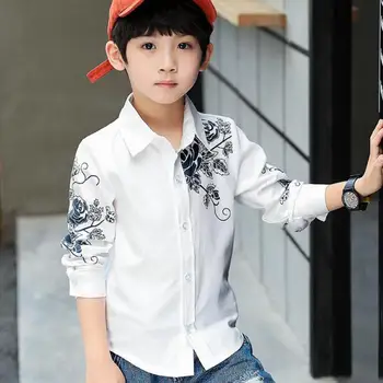 

2018 Back To School Outfits Baby Boy Cotton White Shirts For Boy Autumn Long Sleeve Print Blouses Top Big Boy Clothes 10 12 Year