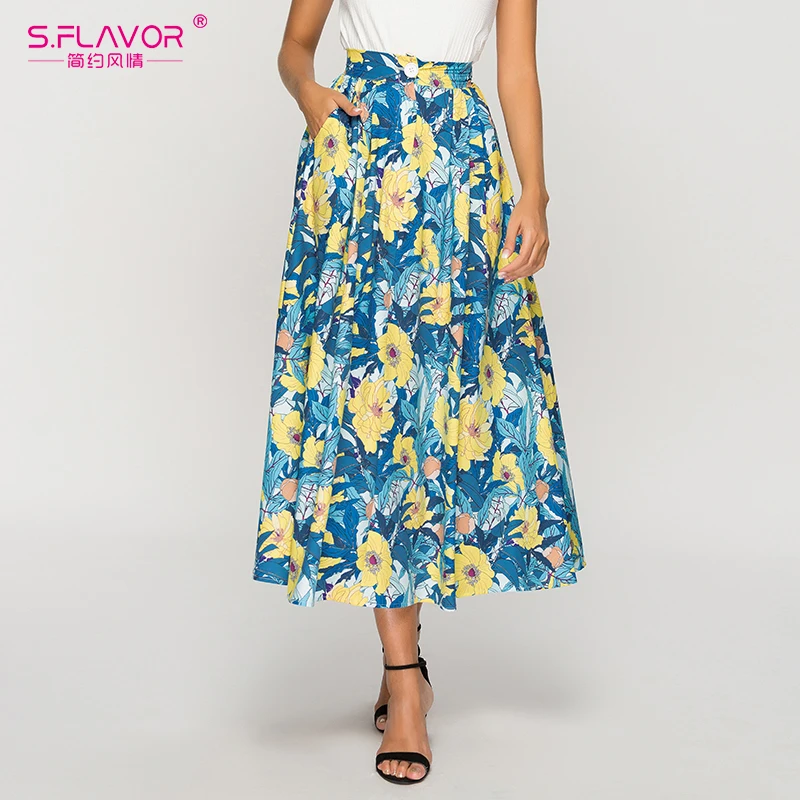 

S.FLAVOR Bohemian Style Full Length Skirts For Women 2019 New Arrival Big Hem Maxi Autumn Skirts Female Floral Printed Sundress