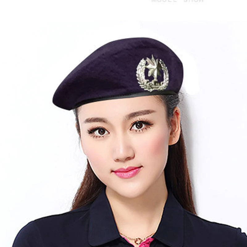 High-Q Men Women Wool Felt Berets Metal Badge Decor Sailors Dance Performance Hat Trilby Military Fans Army Cap Adjustable 4