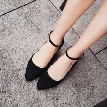 

JIANBUDAN High quality Suede Casual women's shoes Shallow Ankle buckle comfortable Office shoes 3cm low heel Mature Female shoes