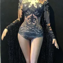 4 цвета Стразы с длинными рукавами с кисточками боди на день рождения, празднование бара наряд Женская танцевальная одежда наряд для ночного клуба