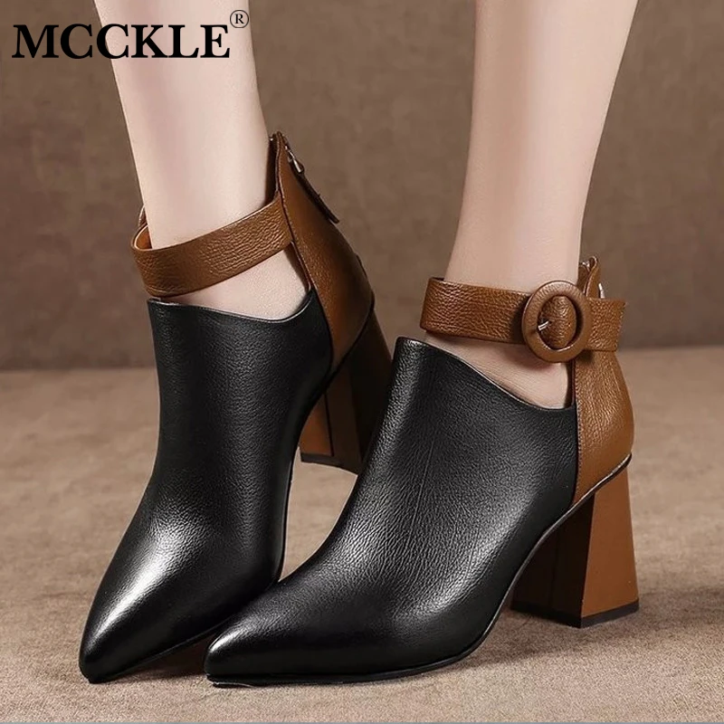 

MCCKLE Fashion Women Autumn Platform Block High Heels Ankle Boots Female Pointed Toe Zipper Buckle Office Shoes Ladies Casual