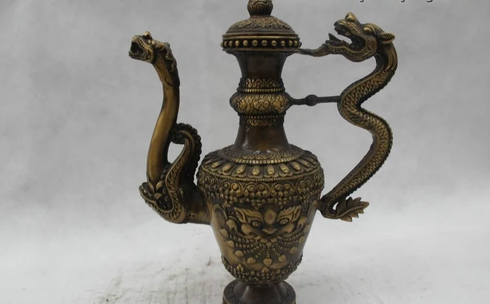 

12"Chinese Folk Pure Bronze excellent Lucky Lifelike Dragon head Pot