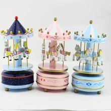 Electronic Vintage Blue Pink Wooden Carousel Music Box caixa de musica Birthday Christmas Children Kids Craft Gift Free Shipping