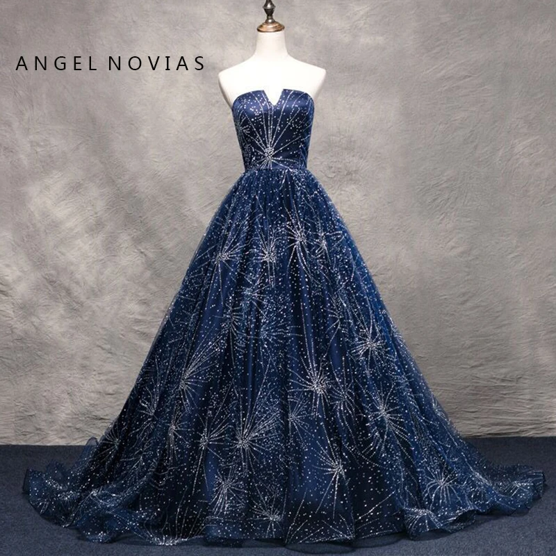 

Angel Novias Real Navy Blue Glitters Ball Gown Evening Dress 2019 Lace Up Elegant Vintage Arabic Prom Dresses