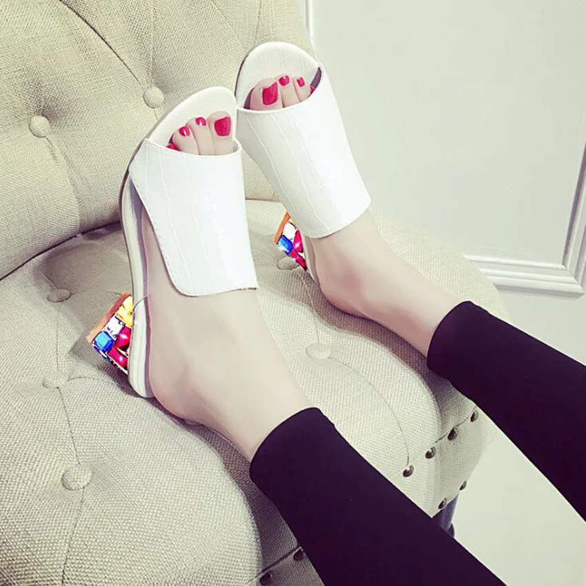 

Plus Size 41 Square Heels Women Slipper Mixed Color Leather Summer Shoes Crystal High Heels Ladies Sliders Shoes