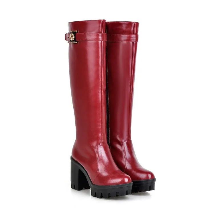 

Boots female 2018 winter new knees slim high heel long tube thick with non-slip plus velvet bright leather women's boot red.