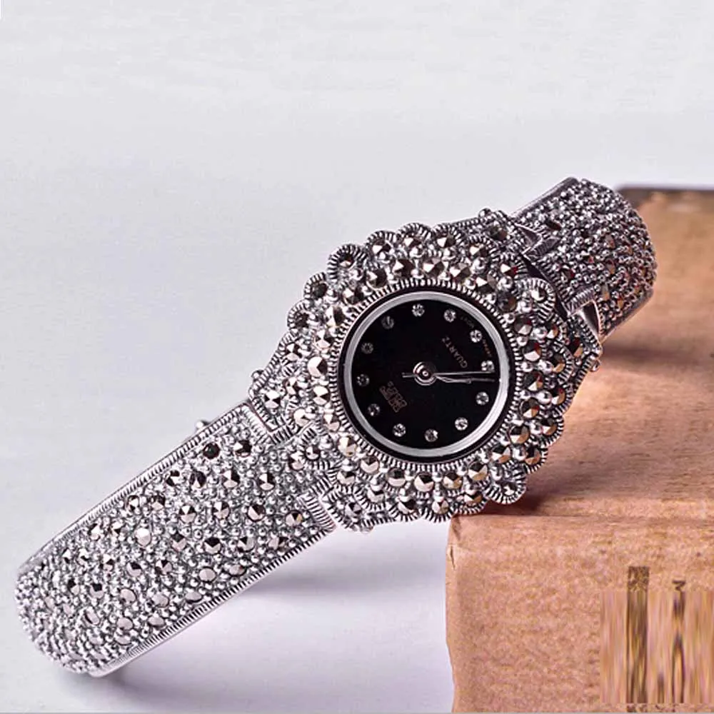 Women Pave Marcasite Black 925 Sterling Silver Retro Wrist Watches Classic Thai Silver Bracelet Hot Sale Real Silver Bangle