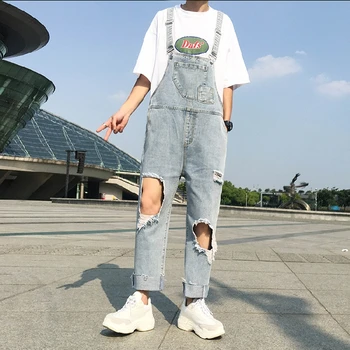 

Fashion Personality Broken Hole Light Blue Bib Jeans Trend Wild Denim Overalls Casual Wild Mens Jumpsuit High Quality Mens Bib