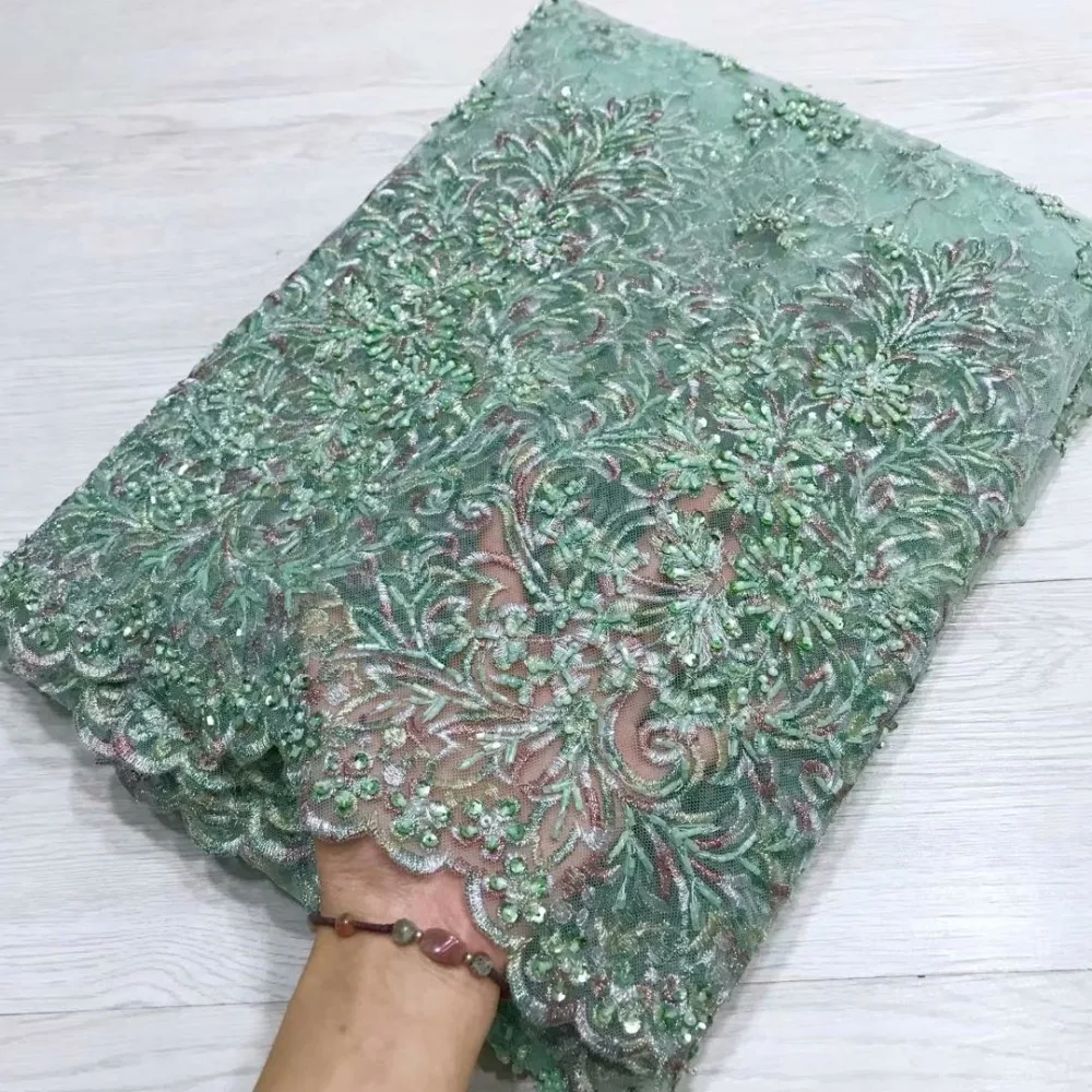 

2019 Heavy French Dress Tulle Lace Latest Green/Gold African Embroidery Lace Fabric Luxury Handmade Beaded Lace Fabric