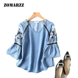 Zomarzz 2018 Вышивка Flare три четверти Жан хлопка женские Топы корректирующие синий Футболки для девочек цветочный трубка рубашка