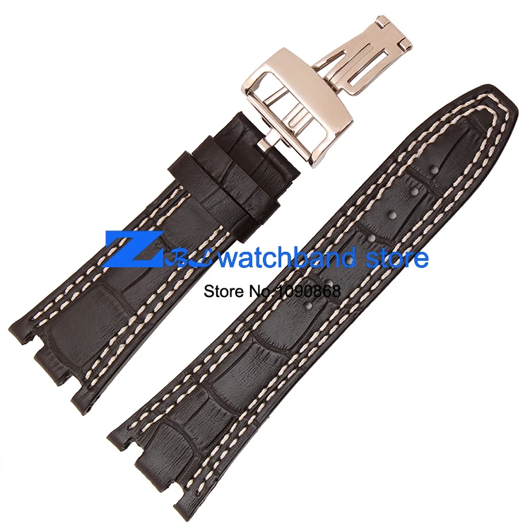 genuine bracelet leather Sports watch strap Black Watchband with white