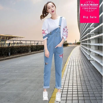 

2018 spring new cartoon embroidery holes loose jeans rompers high waist college style bf Ankle-length pants jumpsuits L19