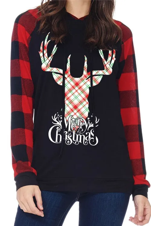 

2018 Merry Christams Plaid Long Sleeve Christmas Elk Deer Women Tops Hooded Hoodies Sweatshirts Tops For Women