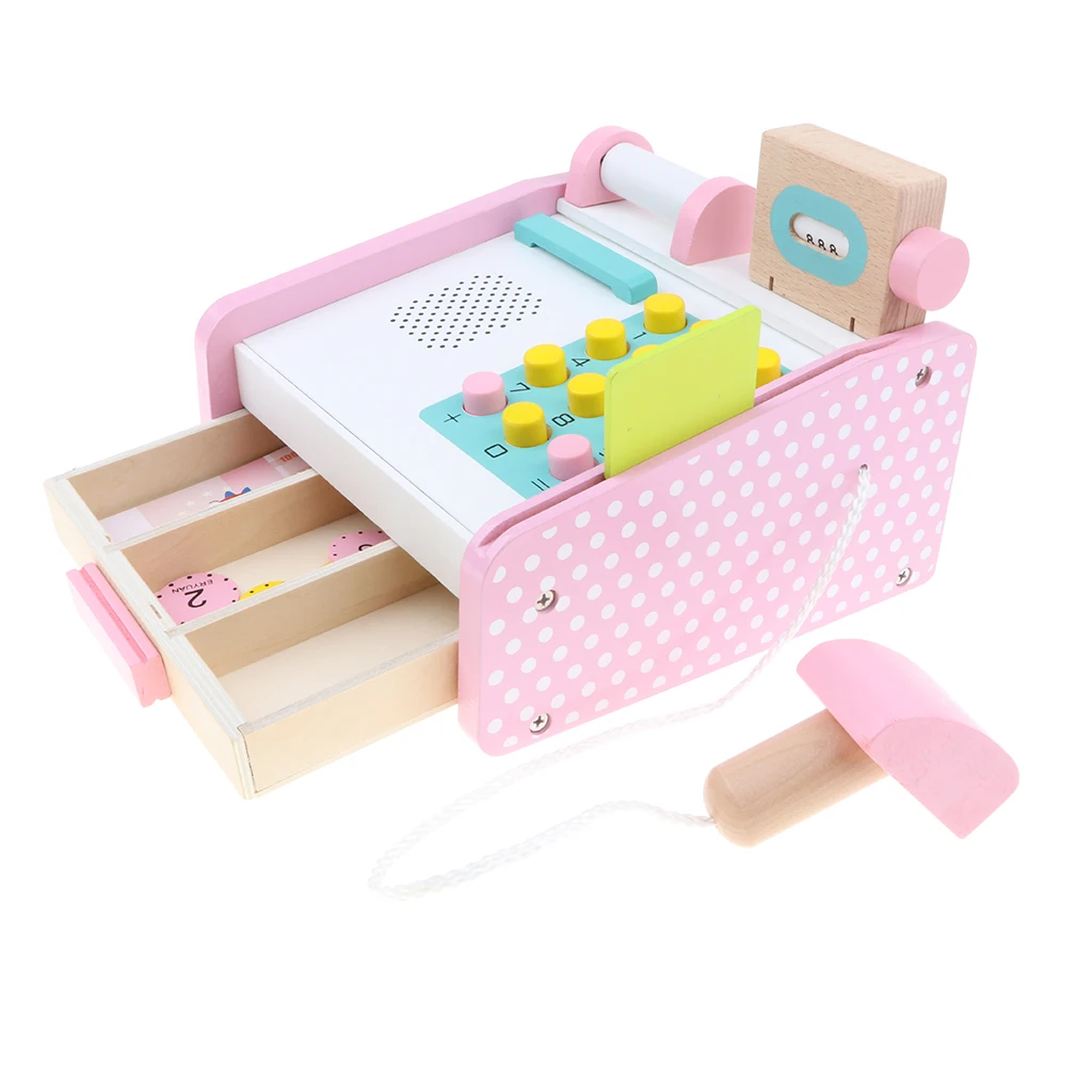 Pink Wooden Cash Register Playset with Assorted Accessories Supermarket Pretend Play Game Boys & Girls Educational Toy