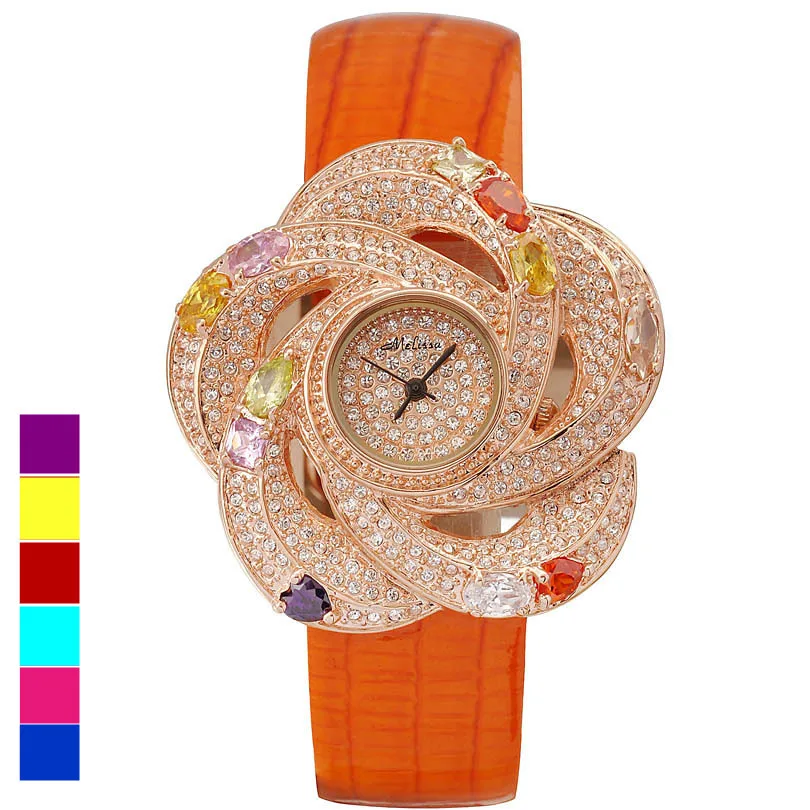 

Melissa Lady Women's Watch Hours Japan Quartz Fashion Dress Leather Bracelet Luxury Candy Crystal Rose Flower Girl Gift Box