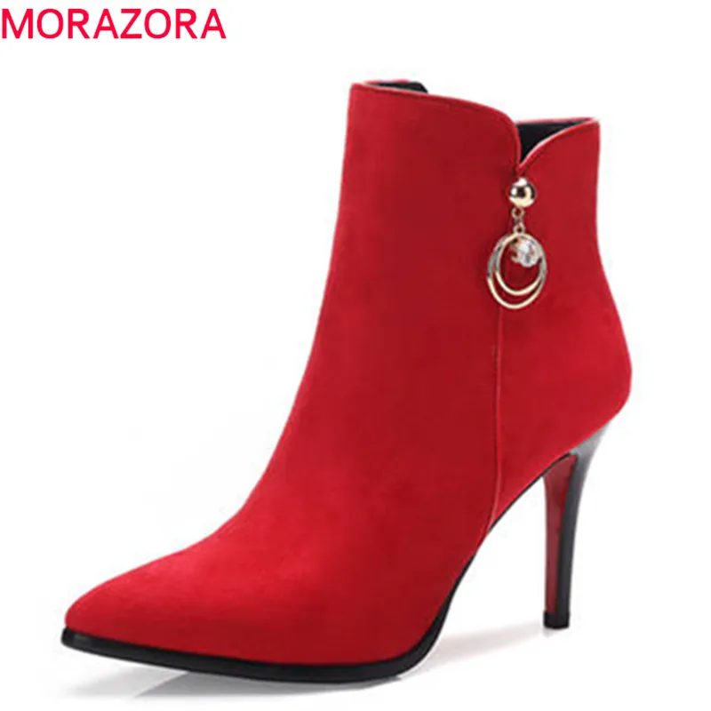 

MORAZORA 2020 larger size 33-40 pointed toe suede leather ankle boots for women short plush autumn winter boots high heels shoes