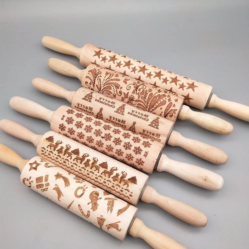 Wooden Embossed Rolling Pins Baking Cookies Noodle Biscuit Fondant Cake