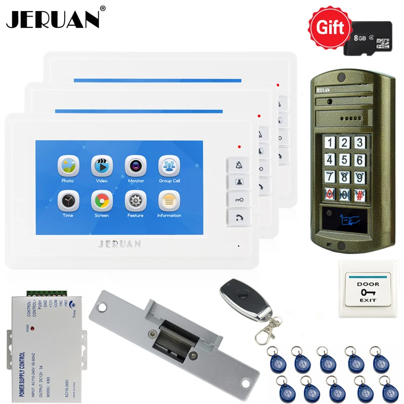 

Home 7`` Video Door Phone Voice/Video Recording Intercom System kit With 3 Monitors+ Waterproof password Access Mini Camera