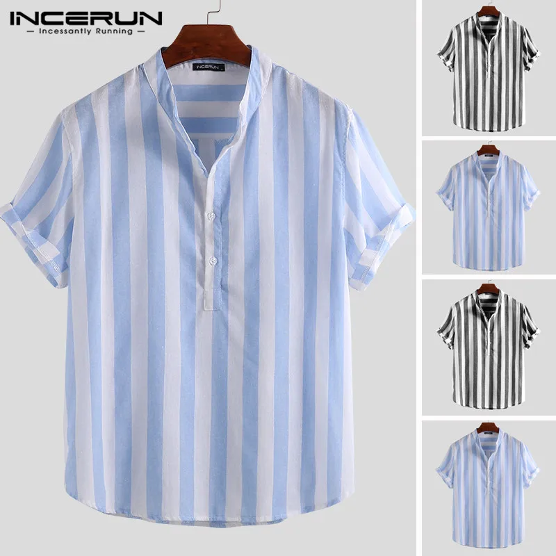 

INCERUN Japanese Pullover Collar Men Short Sleeve Summer Shirt Small Fresh Striped Breathable Casual Shirt Loose 2020 Shirts