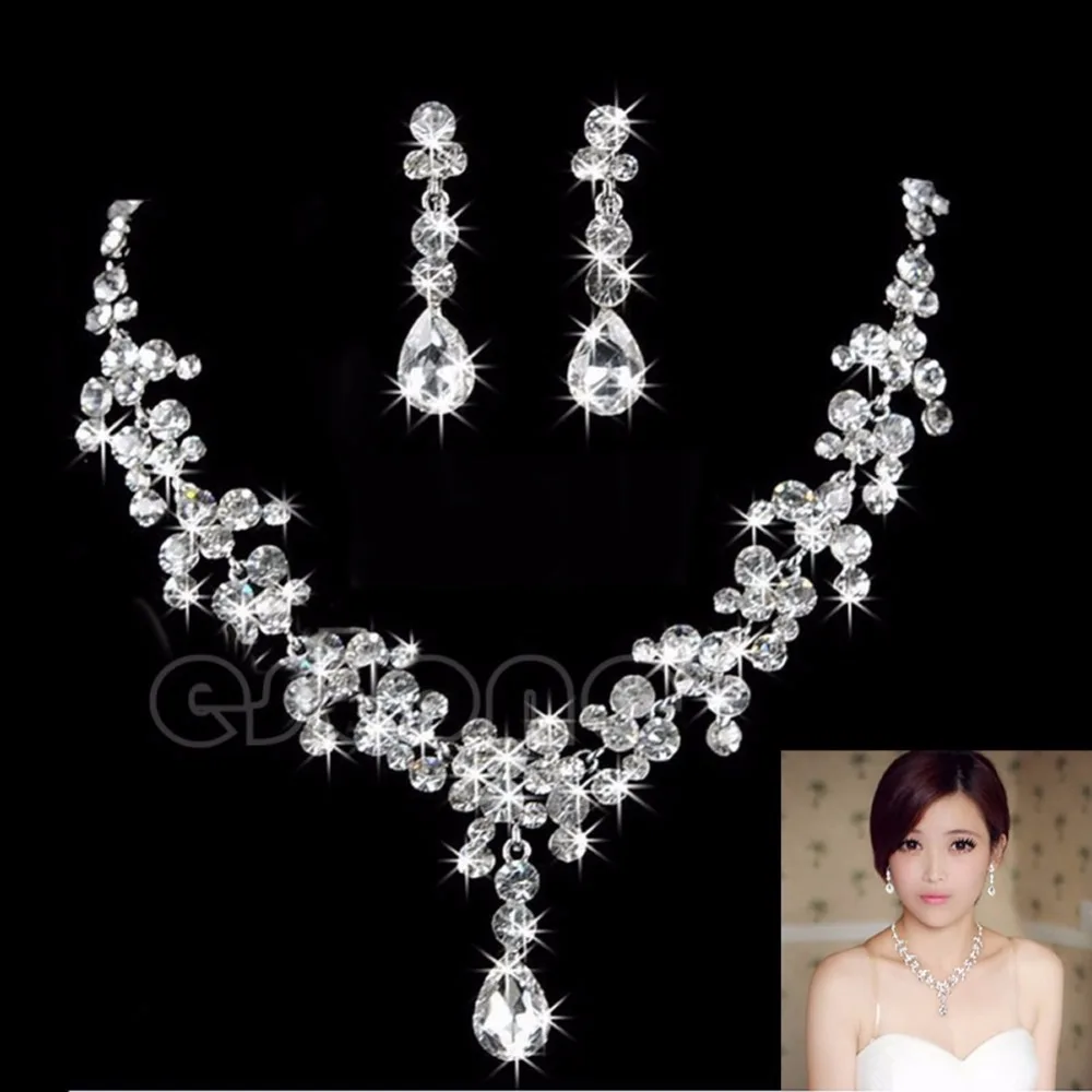 

1 set Shining Wedding Bride Crystal Rhinestone Necklace Earring Jewelry Set Party Prom