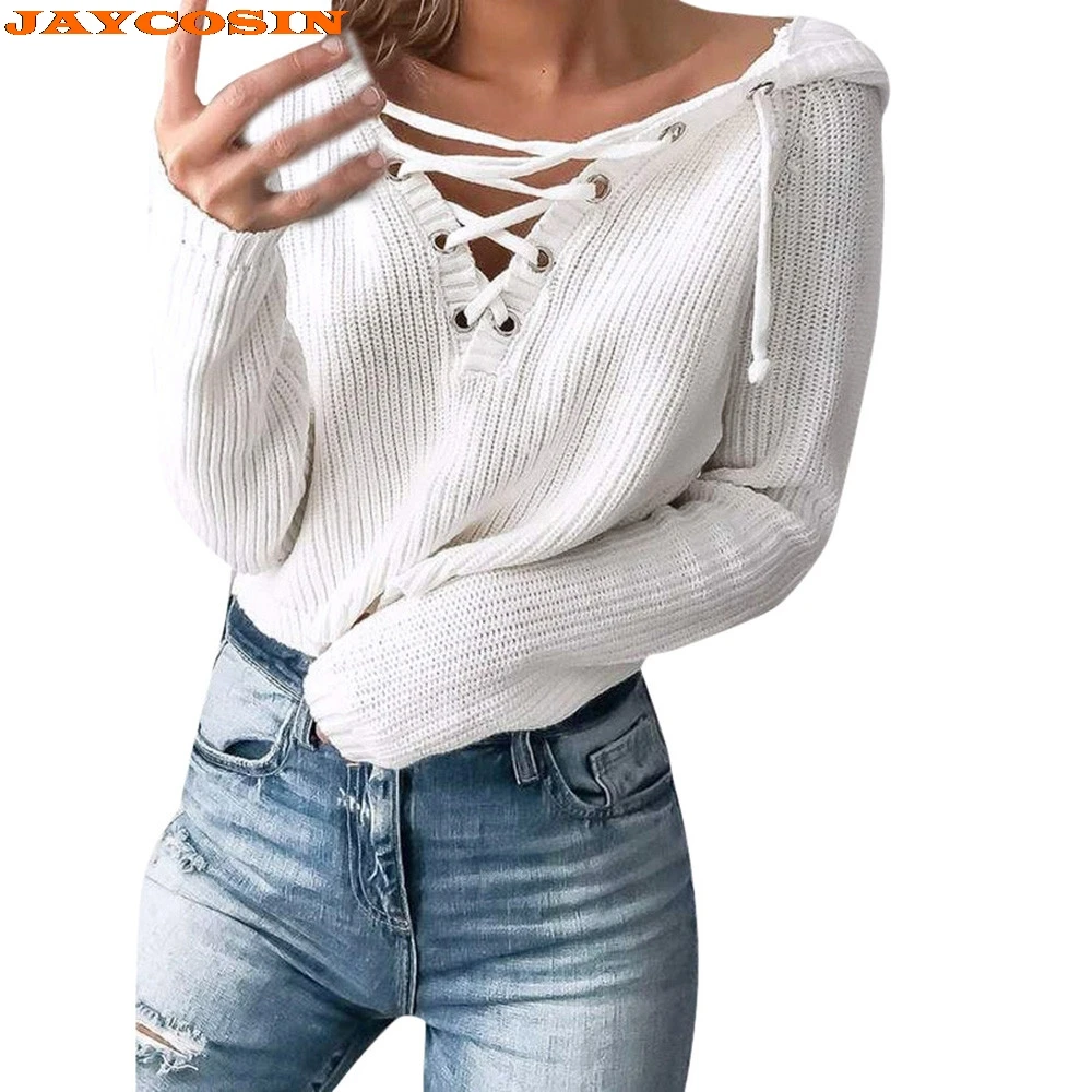 

JAYCOSIN Fashion Design Women Spring Baggy Lace Up Coat Chunky Knitted Oversized Hooded Sweater Jumper High Quality Sweater New
