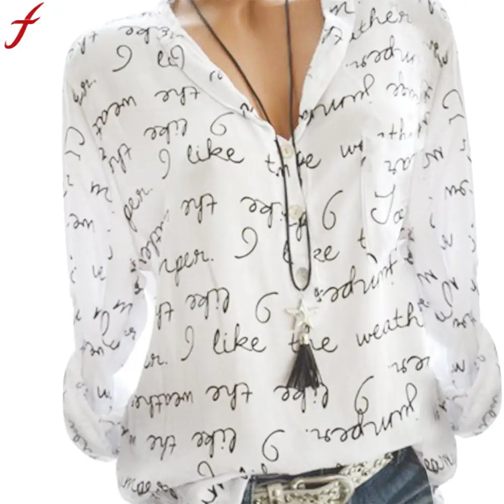 

Plus Size Womens Tops Fashion 2019 Autumn Long Sleeve Blouse Loose V-Neck Button Tunic Tops Letter Blouse Shirt blusa feminina#4