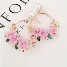 Трендовые милые серьги с розовыми цветами для женщин и девушек, ювелирные изделия, женские Стразы, золотые металлические круглые серьги-капли в подарок, Brincos