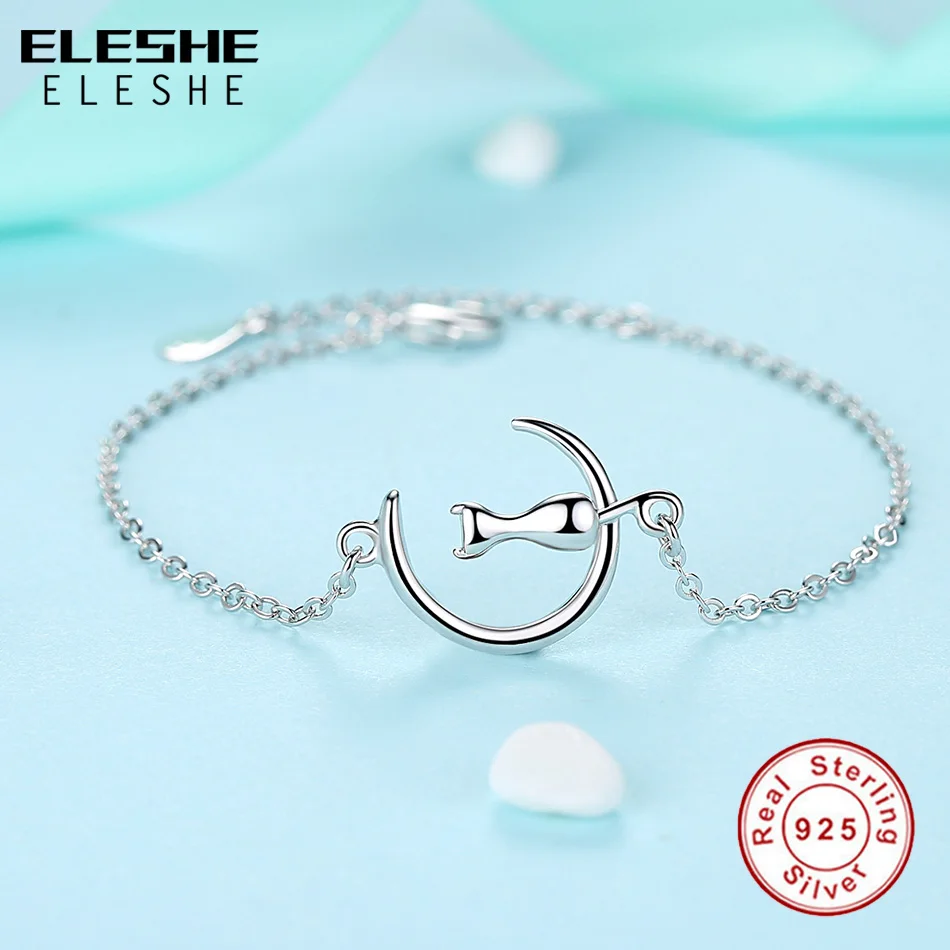 ELESHE Authentic Real 925 Sterling Silver Bracelet with Cute Animal Cat & Moon Charm Bracelets & Bangle Wedding Fashion Jewelry