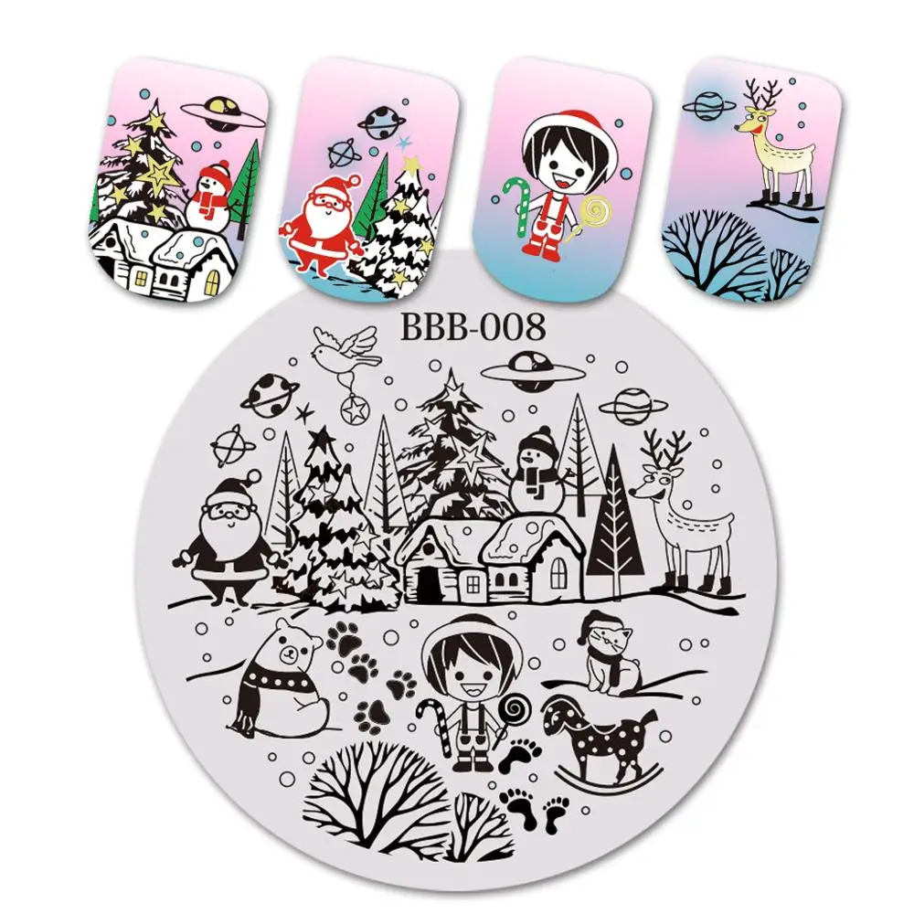 1 шт BeautyBigBang Круглая Пластина для штамповки ногтей Рождественская тема дерево маленькая девочка шаблон для дизайна ногтей для штамповки изображения пластины BBB-008