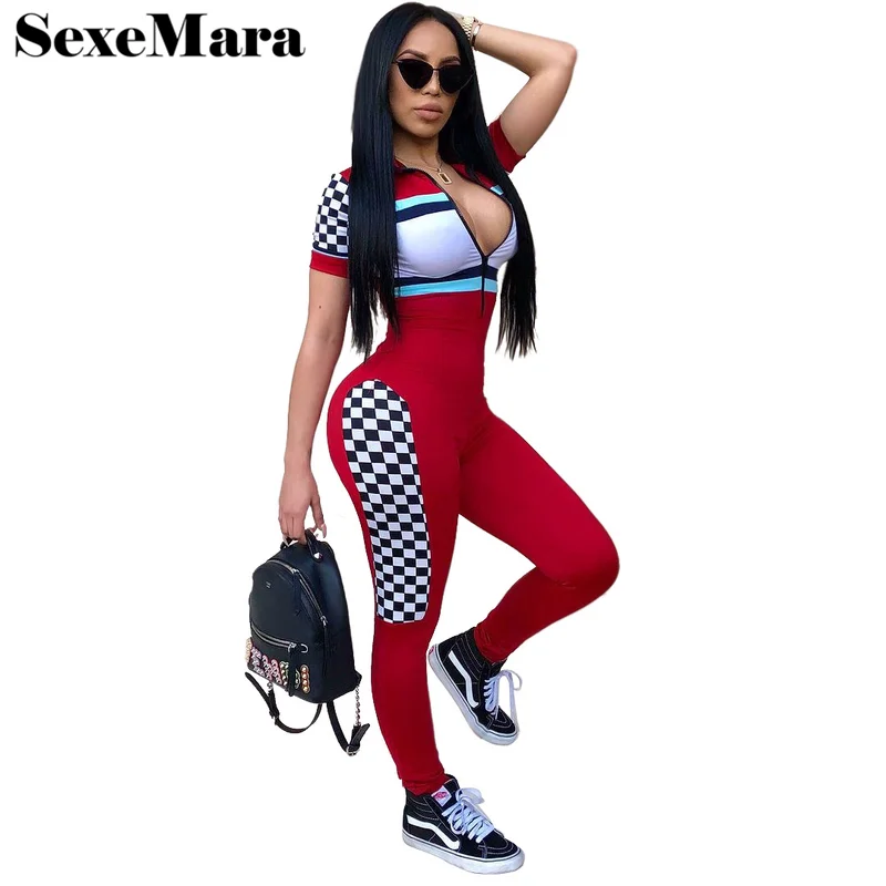 

ANJAMANOR Sexy Women Bodycon Jumpsuit 2019 Summer Romper Streetwear Zipper V Neck Checkerboad Color Block Overalls D30-AD69