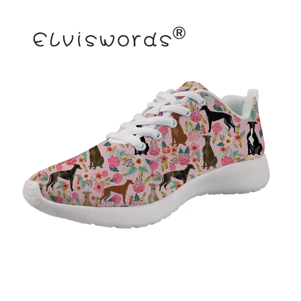 

ELVISWORDS Greyhound Prints Women Flat Shoes Girls Breathable Adults Sneakers for Adults Comfortable Casual Female Lace Up Flats