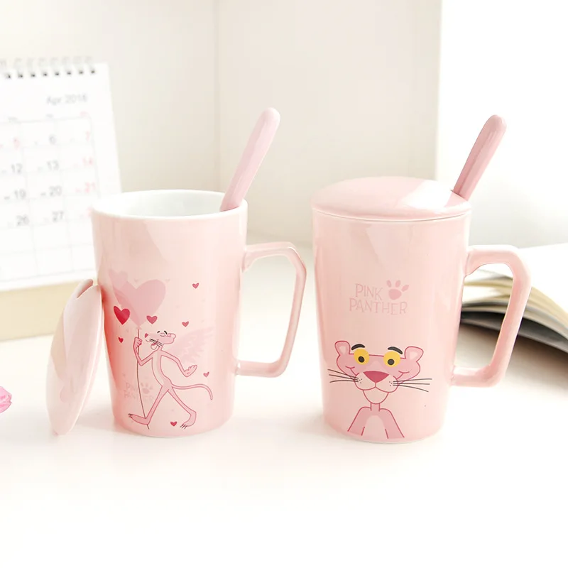 Розовый керамический кофе кружка с Ложка Крышка, милый Лев фарфоровая чашка крышка молока сок Термочашка все для кухонная посуда для питья
