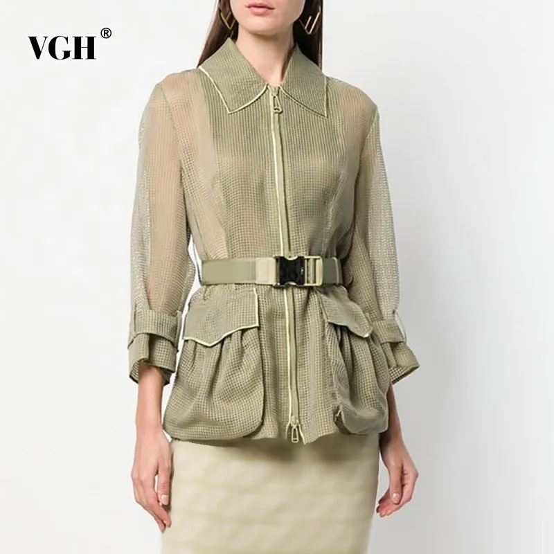 

VGH Summer Solid Casual Coat For Women Lapel Collar Long Sleeve Zipper Pockets Sashes Slim Coat Female 2019 Fashion New