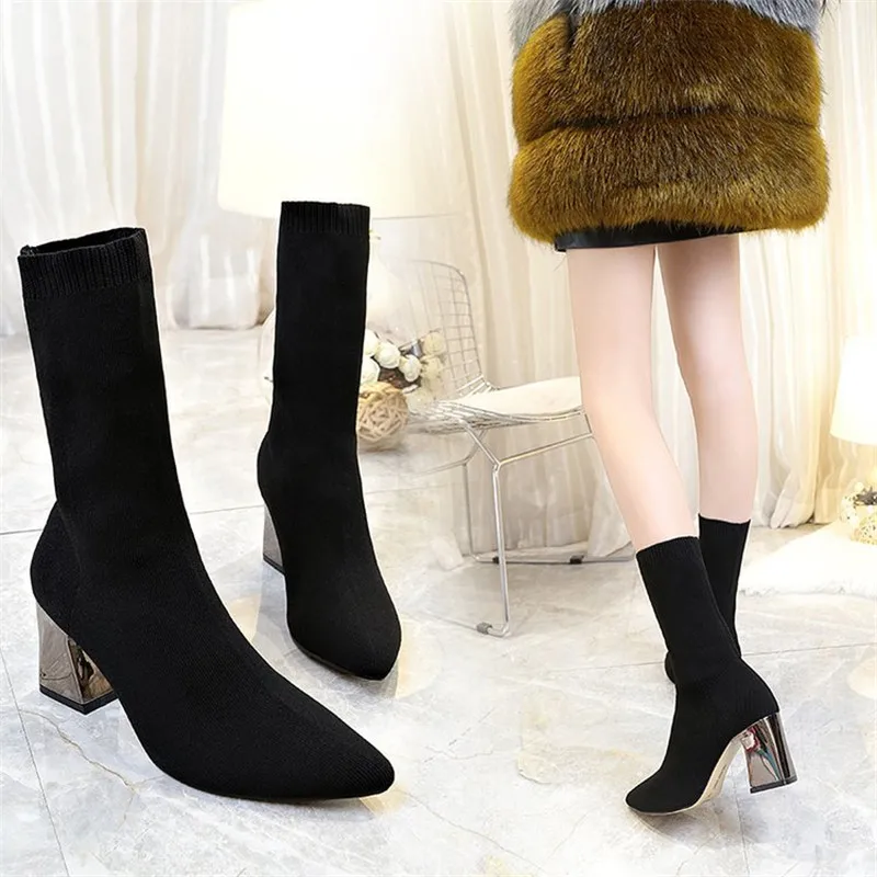 

Fashion Ankle Elastic Sock Boots Chunky High Heels Stretch Women Autumn Sexy Booties Pointed Toe Women Pump Size 40 Woman Female