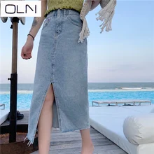 Юбка для женщин OLN карандаш Etek Новинка Высокая талия пуговицы Тонкий сексуальный офис леди OL элегантная джинсовая юбка