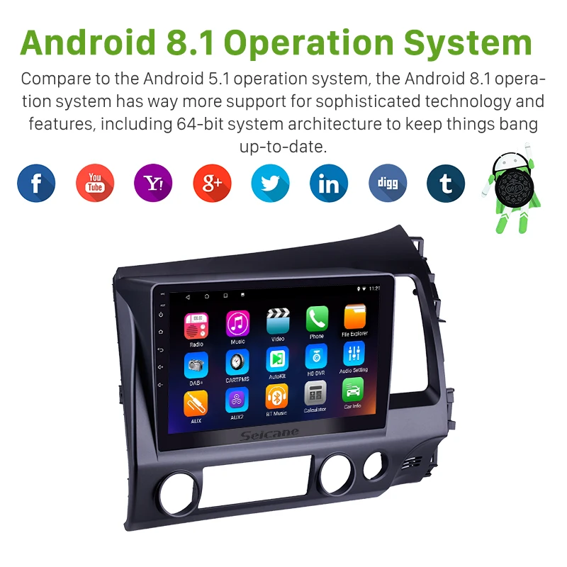 Clearance Seicane 10.1 inch Android 8.1 Touchscreen 2 din Car Radio Bluetooth GPS Navigation for 2006-2011 HONDA CIVIC right  Hand driving 1