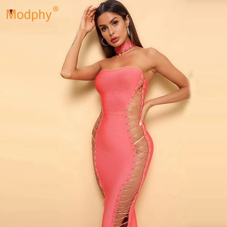 

2019 summer new coral red bandage dress women's strapless sexy hollow dress dress club celebrity party dress bodycon vestidos