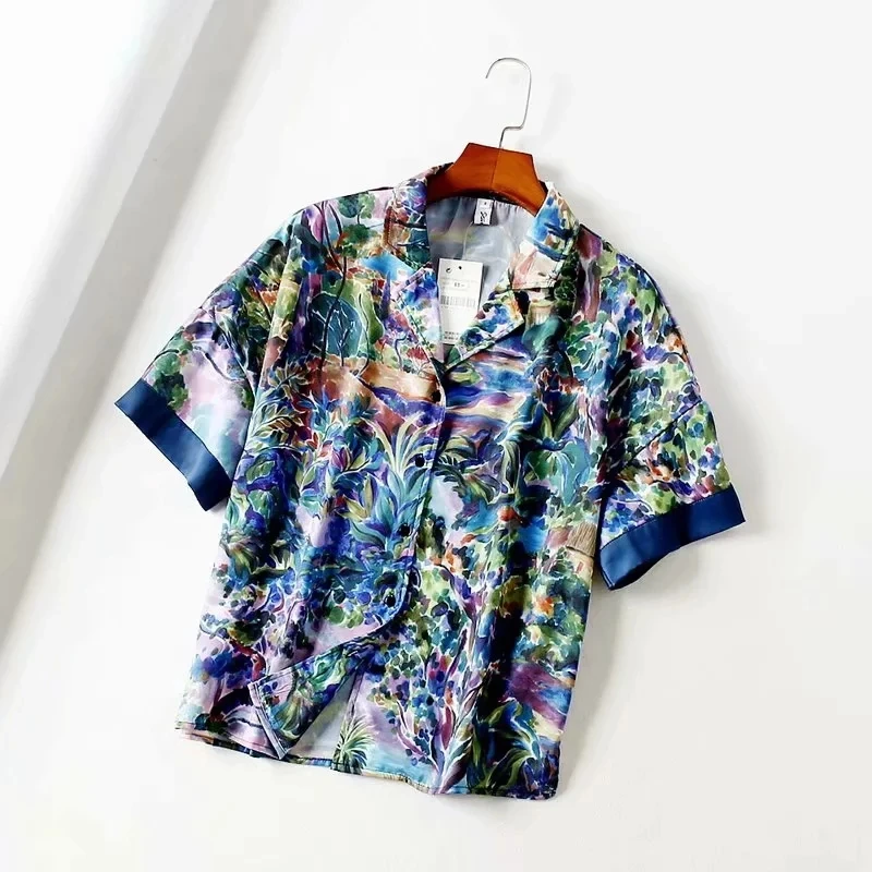 

Pattern Printing Women Short Sleeve Loose Shirt Female Tailored Collar Leisure Blouse 2019 Summer Lady Simple Tops S5985