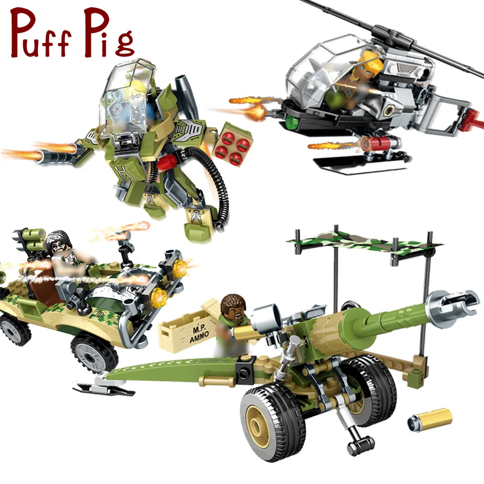 

Puff Pig Kids DIY World War2 legorreta Army Battlefield Set Building Blocks Military Vehicles Plane Children Toys Educational