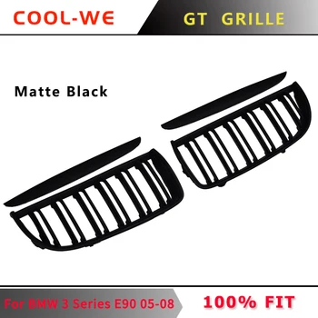 

One Pair Front Center Grille Gloss Matte Black M Color Double Line Wide Kidney for BMW 3 Series E90 E91 2005-2008